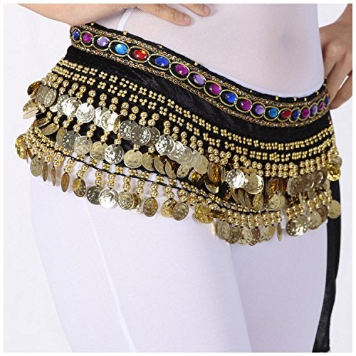 VRITRAZ Women's Velvet Belly Dance Hip Scarf Waistband Belt Skirt with Multi Color Beads and 248 Ringy Golden Coins 56 Black - Image 4