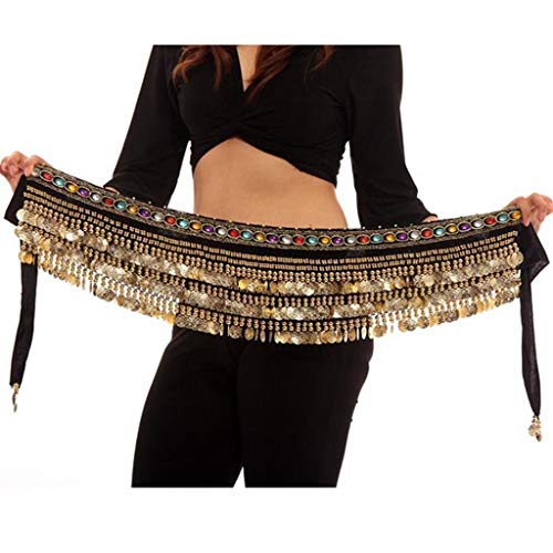 VRITRAZ Women's Velvet Belly Dance Hip Scarf Waistband Belt Skirt with Multi Color Beads and 248 Ringy Golden Coins 56 Black - Image 3