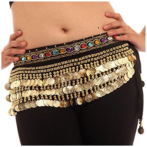 VRITRAZ Women's Velvet Belly Dance Hip Scarf Waistband Belt Skirt with Multi Color Beads and 248 Ringy Golden Coins 56 Black - Image 1