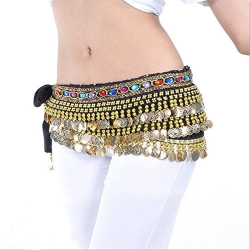 VRITRAZ Women's Velvet Belly Dance Hip Scarf Waistband Belt Skirt with Multi Color Beads and 248 Ringy Golden Coins 56 Black - Image 5