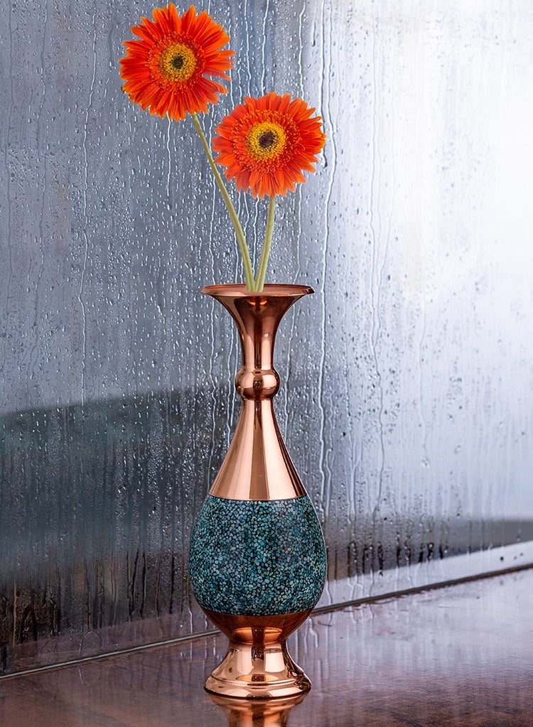Aghajani Handcrafted Antique Copper and Turquoise Sorahi Vase, 26cm Vintage-Inspired Home Decor - Image 1
