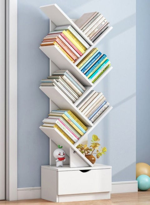 High-Capacity Free-Standing Wood Tree Bookcase and Bookshelf Organizer with Drawer White 41x17x118 cm