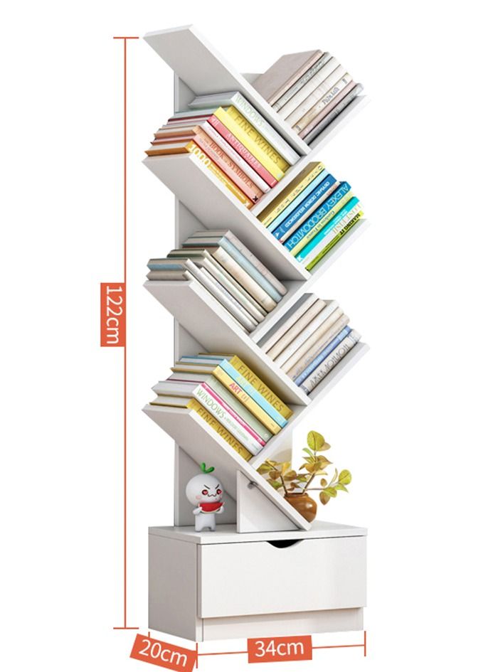 High-Capacity Free-Standing Wood Tree Bookcase and Bookshelf Organizer with Drawer White 41x17x118 cm