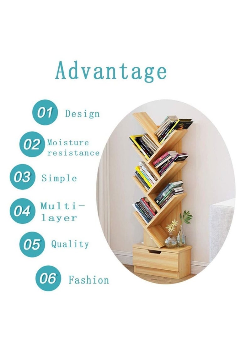 High-Capacity Free-Standing Wood Tree Bookcase and Bookshelf Organizer with Drawer White 41x17x118 cm