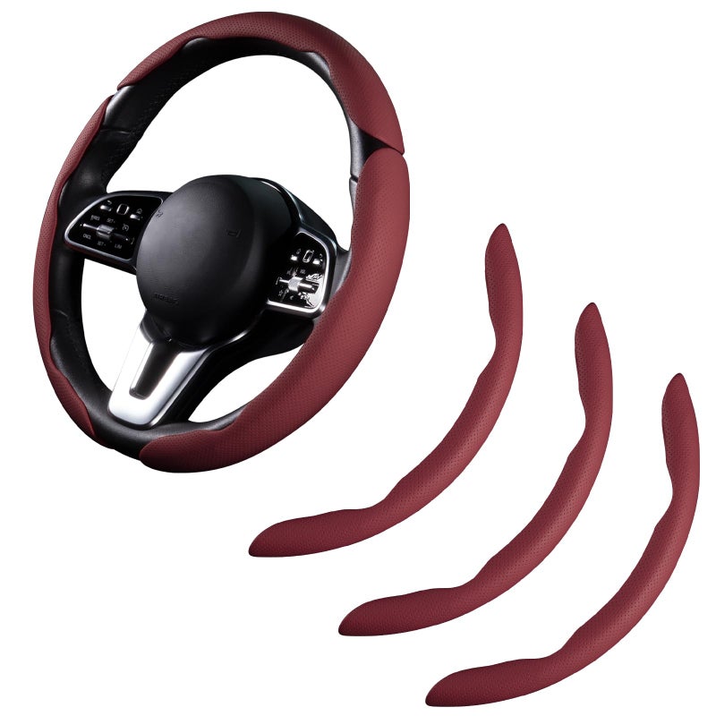Car Steering Wheel Cover Leather Snap On 3Pcs Set NonSlip Protector Wrap Steering Wheel Accessories 14515 inch Universal Wine Red