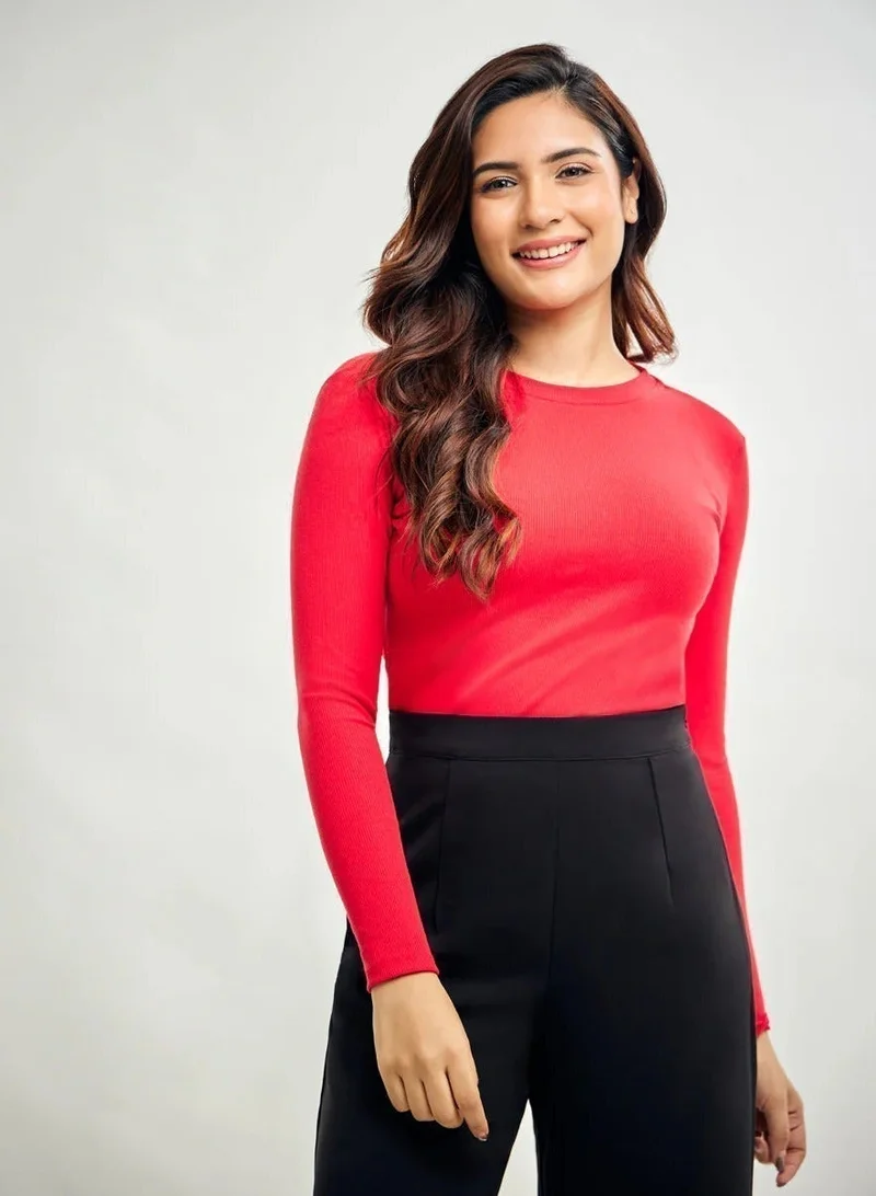 Zigzag Long Sleeve Round Neck Rib Top- Red