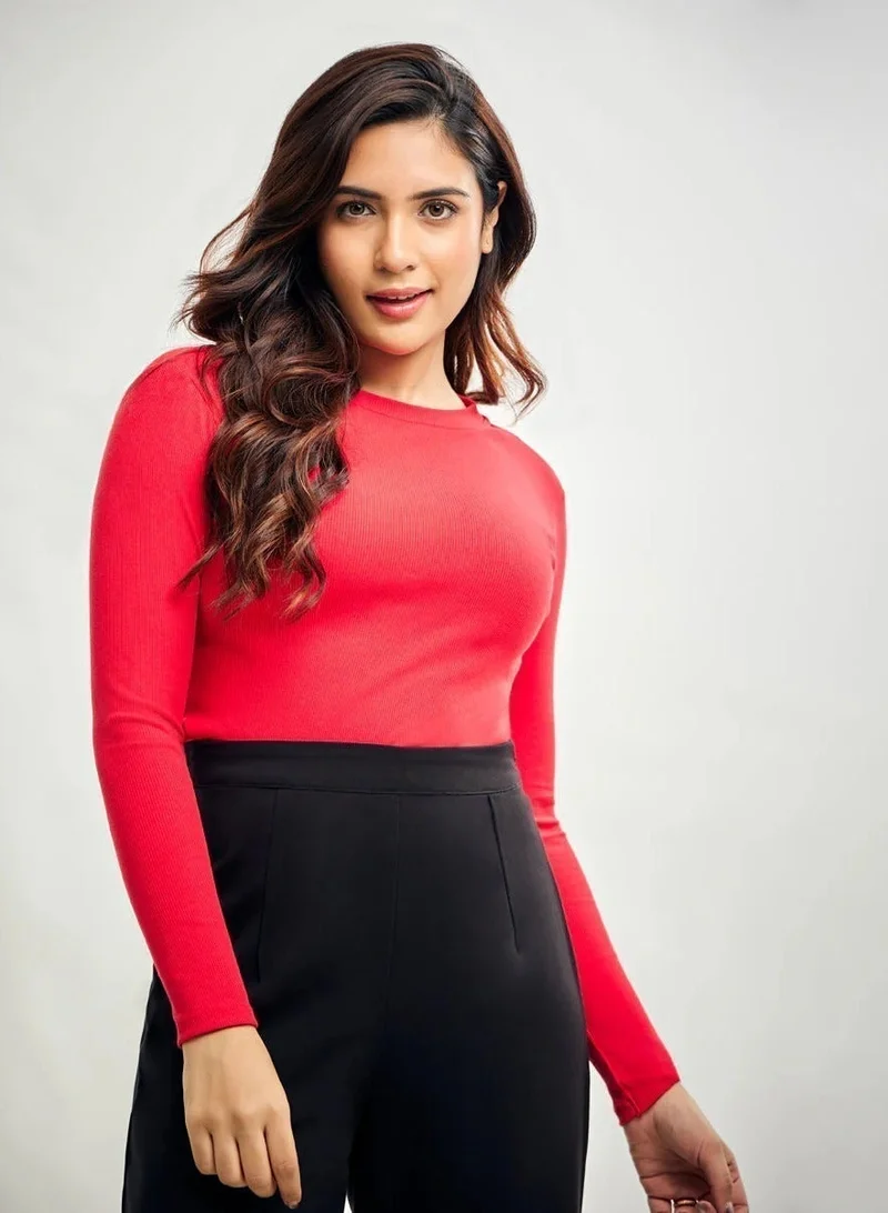 Zigzag Long Sleeve Round Neck Rib Top- Red