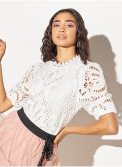 2Xtremz Lace Detail Top with Puff Sleeves