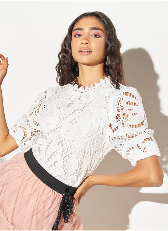 2Xtremz - 2Xtremz Lace Detail Top with Puff Sleeves - Image 1