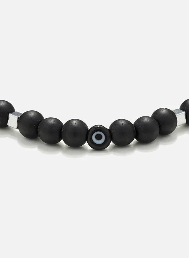 كريسوستوموس Handmade Beaded Bracelet with Onyx, Squared Hematite and Black Glass Evil Eye, Strong Elastic