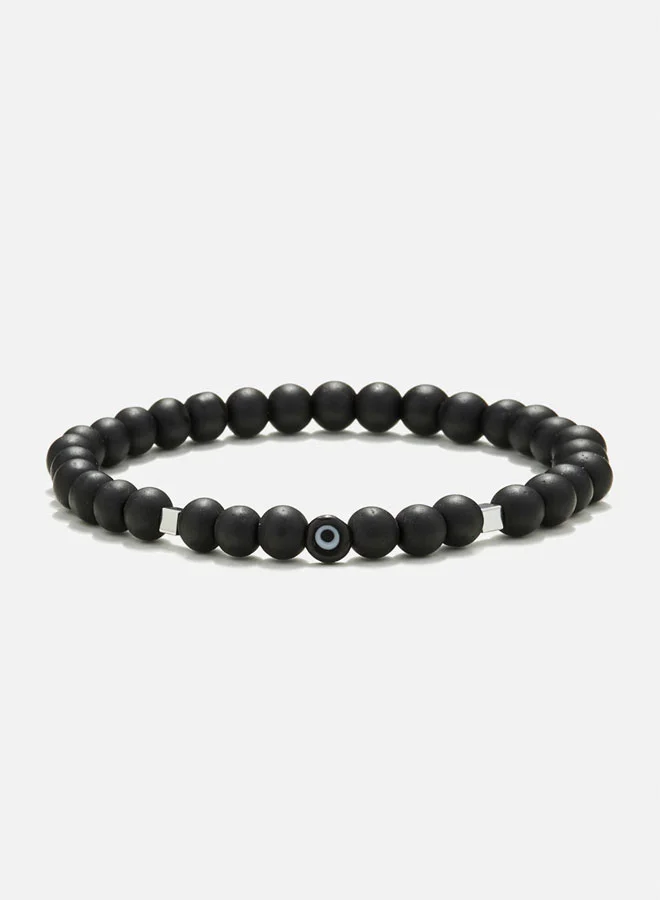 كريسوستوموس Handmade Beaded Bracelet with Onyx, Squared Hematite and Black Glass Evil Eye, Strong Elastic