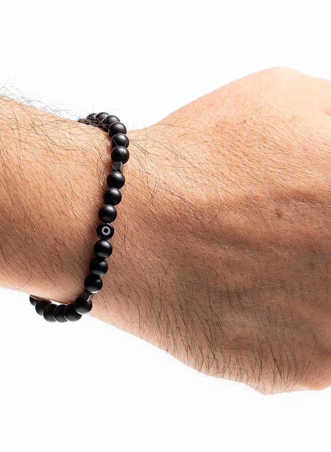 كريسوستوموس Handmade Beaded Bracelet with Onyx, Squared Hematite and Black Glass Evil Eye, Strong Elastic