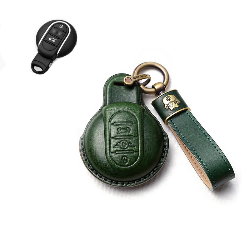 SANRILY Car Key Cover Fit for Mini Cooper 2016-2021 Clubman Countryman Hardtop Convertible Keyless Remote Key Holder Leather Key Protective Case with Lucky Cat Keychain Green - Image 1