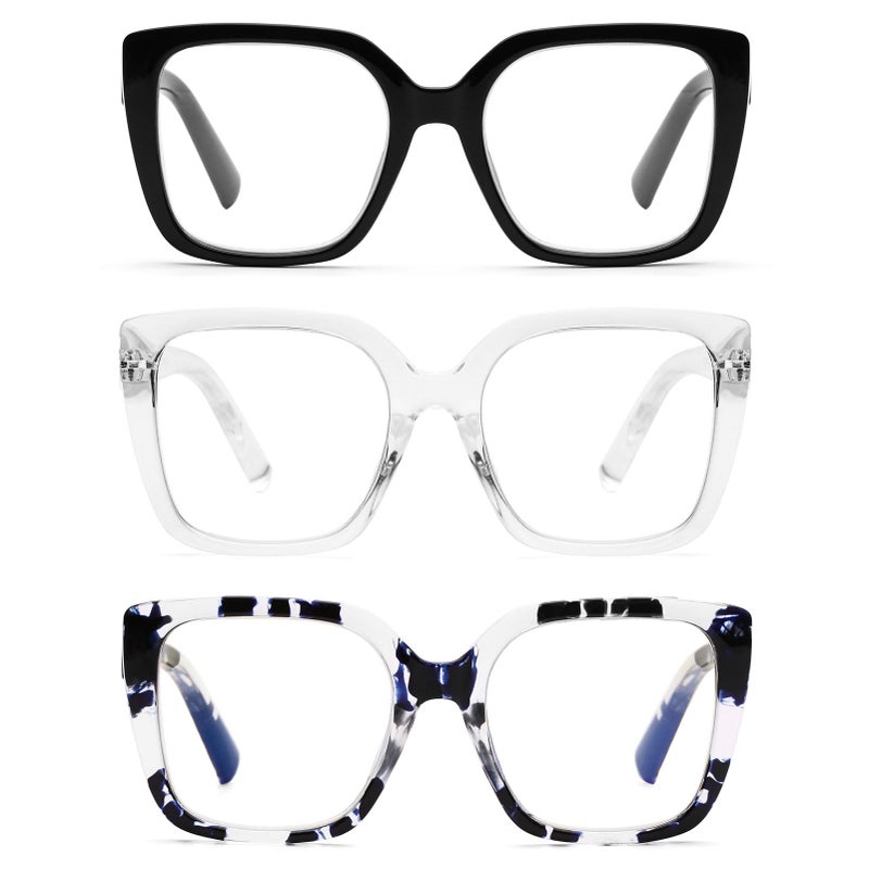 DOOViC 3 Pack Oversized Reading Glasses for Women Blue Light Blocking Square Stylish Computer Readers 100 Strength