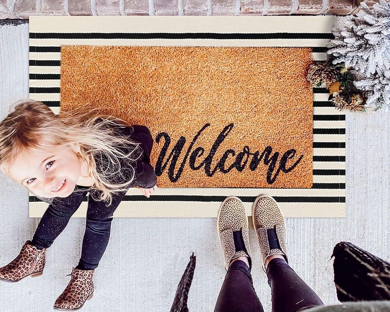 KOZYFLY Black and Beige Striped Porch Rug 2x3 Ft Small Area Rug Cotton Outdoor Doormat Front Door Rug Washable Outdoor Rug Farmhouse Layered Door Mat for Front Door Entryway Patio Porch - Image 3