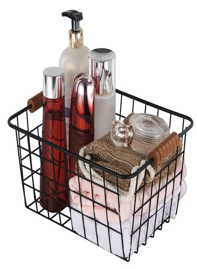 JUNCHU CHERRY Wire Kitchen Storage Basket 2 Packs,Perfect Pantry Organization Accessories Baskets,Laundry Basket,With a Wooden handle,Suitable for Kitchen,Bathroom,Bedroom,Tabletop,Stackable,Black - Image 3
