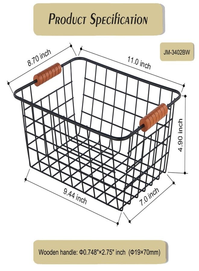 JUNCHU CHERRY Wire Kitchen Storage Basket 2 Packs,Perfect Pantry Organization Accessories Baskets,Laundry Basket,With a Wooden handle,Suitable for Kitchen,Bathroom,Bedroom,Tabletop,Stackable,Black - Image 2