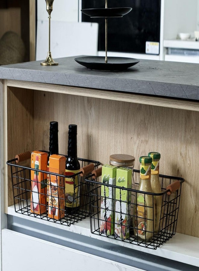 JUNCHU CHERRY Wire Kitchen Storage Basket 2 Packs,Perfect Pantry Organization Accessories Baskets,Laundry Basket,With a Wooden handle,Suitable for Kitchen,Bathroom,Bedroom,Tabletop,Stackable,Black - Image 5