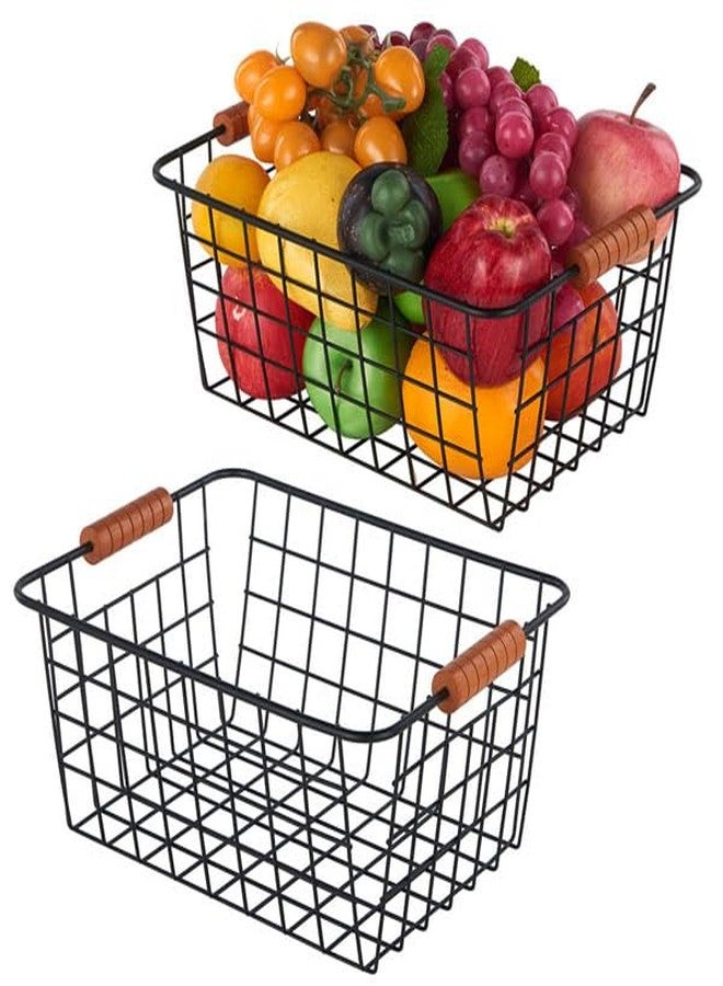 JUNCHU CHERRY Wire Kitchen Storage Basket 2 Packs,Perfect Pantry Organization Accessories Baskets,Laundry Basket,With a Wooden handle,Suitable for Kitchen,Bathroom,Bedroom,Tabletop,Stackable,Black - Image 1