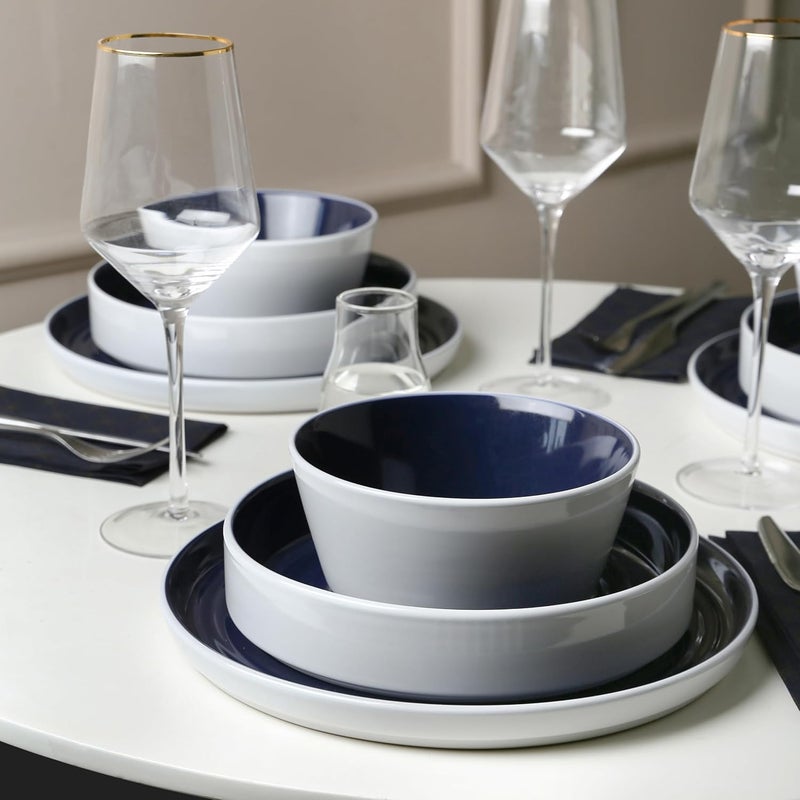 Stone Lain Elica 12Piece Modern Dinnerware Set Stoneware Plates and Bowl Sets for 4 Navy and White - Image 4