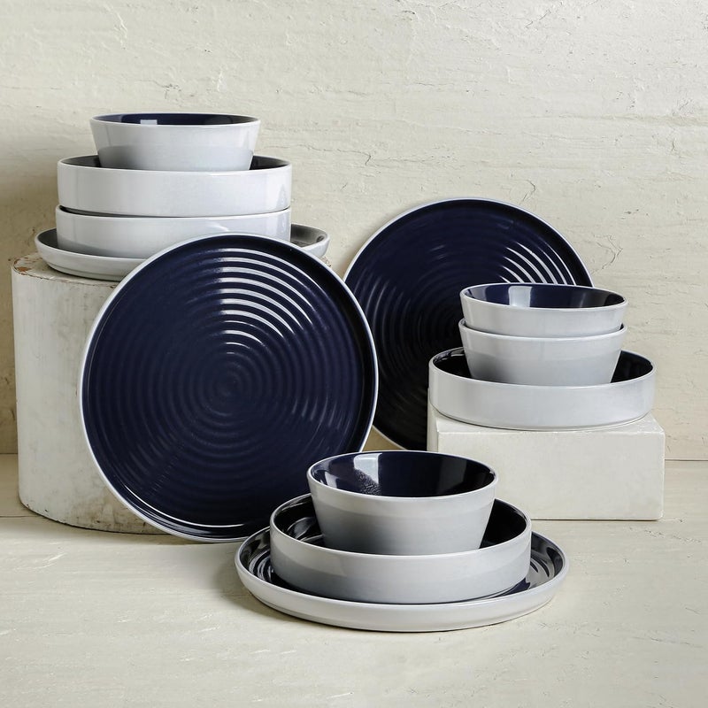 Stone Lain Elica 12Piece Modern Dinnerware Set Stoneware Plates and Bowl Sets for 4 Navy and White - Image 3