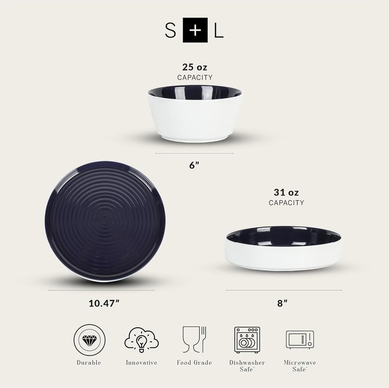 Stone Lain Elica 12Piece Modern Dinnerware Set Stoneware Plates and Bowl Sets for 4 Navy and White - Image 2