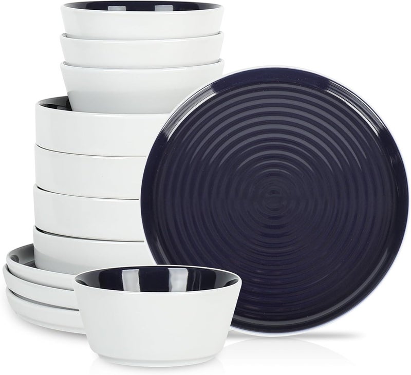Stone Lain Elica 12Piece Modern Dinnerware Set Stoneware Plates and Bowl Sets for 4 Navy and White - Image 1