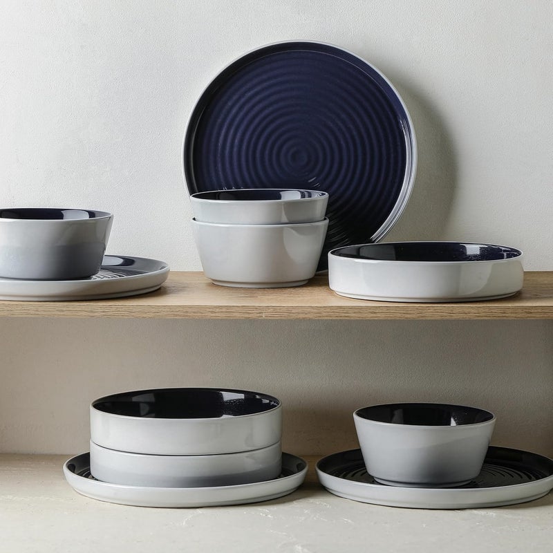 Stone Lain Elica 12Piece Modern Dinnerware Set Stoneware Plates and Bowl Sets for 4 Navy and White - Image 5
