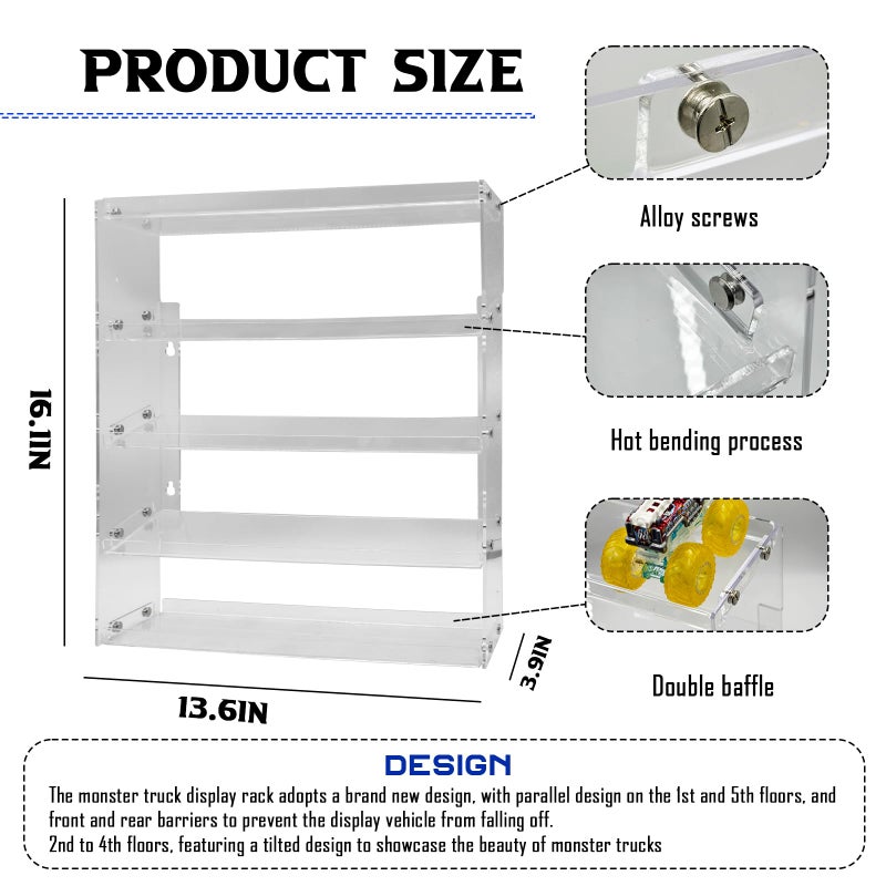 AAiphuwew Acrylic Monster Trucks Display Case - Holds Up to 25 Car Collectibles, Clear 5 Tiers Toy Truck Cars Display Storage Organizer Tire Shelf - Image 4