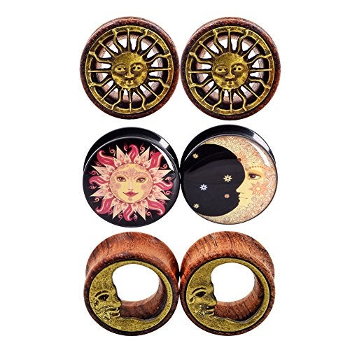 Qmcandy 6pcs 0g Sun Moon Natural Wood Plugs Acrylic Screw Ear Tunnels Plugs Expander Set Piercing - Image 1