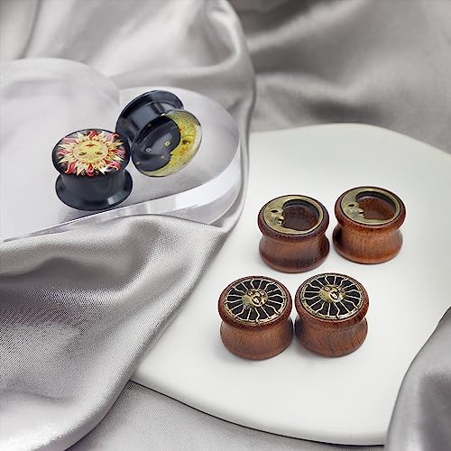 Qmcandy 6pcs 0g Sun Moon Natural Wood Plugs Acrylic Screw Ear Tunnels Plugs Expander Set Piercing - Image 3
