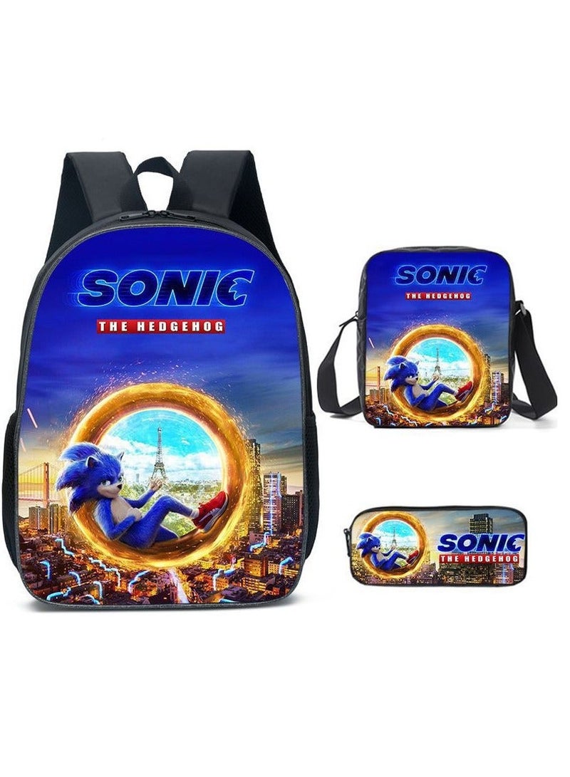Sonic student large capacity backpack three piece set, anime cartoon backpack, shoulder bag pen bag