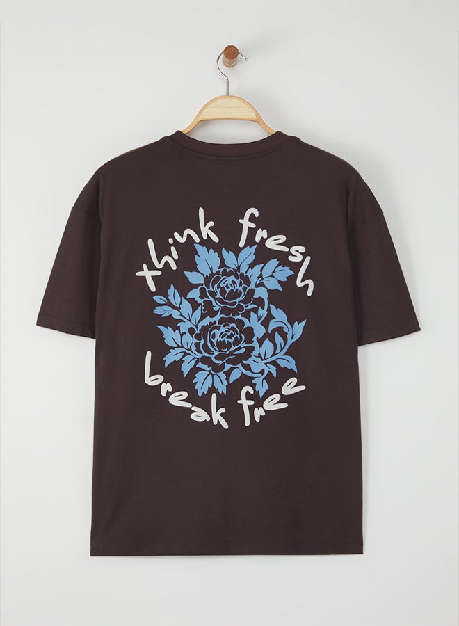 trendyol Dark Brown Oversize/Wide Cut Floral Printed Thick 100% Cotton T-Shirt - Image 1