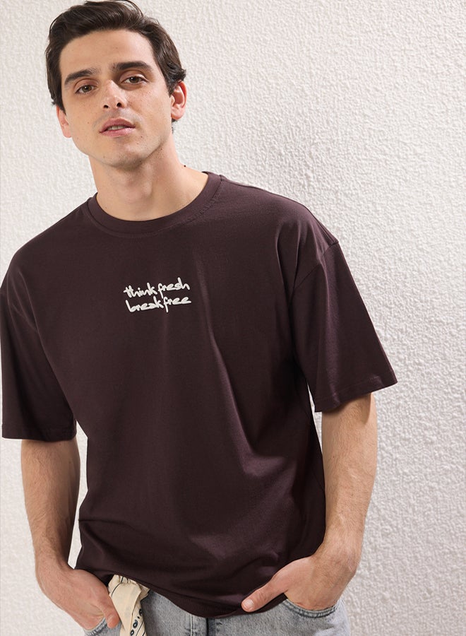 trendyol Dark Brown Oversize/Wide Cut Floral Printed Thick 100% Cotton T-Shirt - Image 4