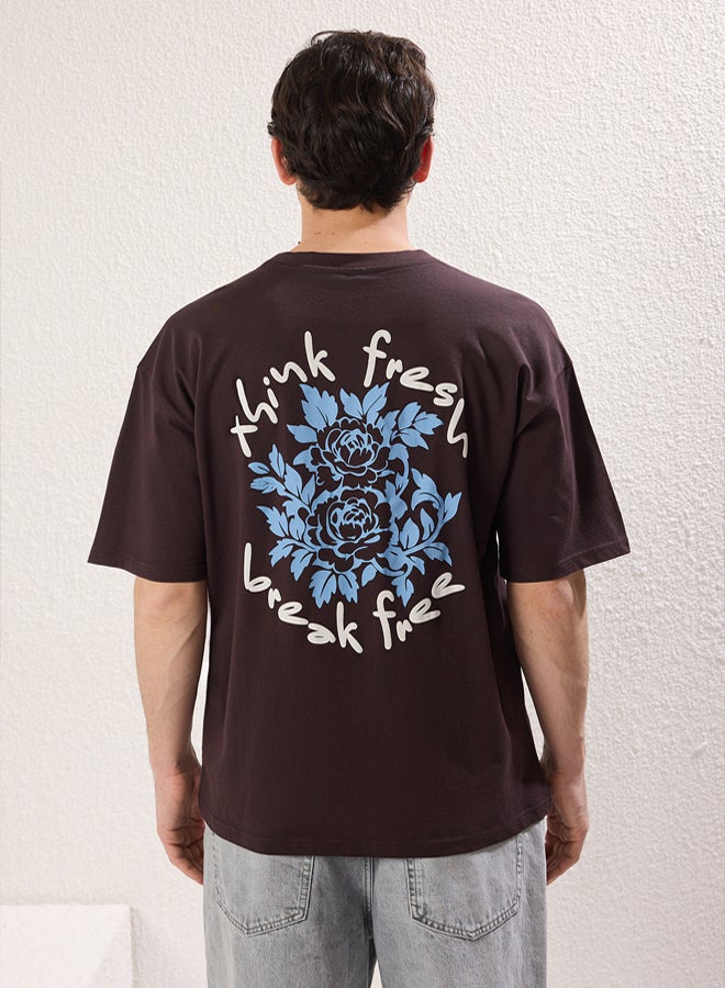 trendyol Dark Brown Oversize/Wide Cut Floral Printed Thick 100% Cotton T-Shirt - Image 5
