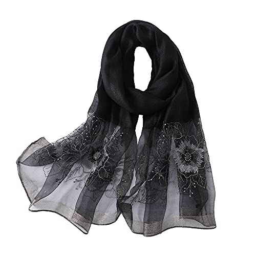 WINCESS.YU WINCESS YU Women Mulberry Silk Scarf Long & Large Embroidered Floral Pattern Shawl and Wraps Neckerchief for Hair & Neck (Sunflower Black) - Image 1