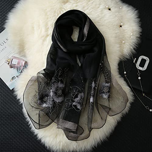 WINCESS.YU WINCESS YU Women Mulberry Silk Scarf Long & Large Embroidered Floral Pattern Shawl and Wraps Neckerchief for Hair & Neck (Sunflower Black) - Image 3