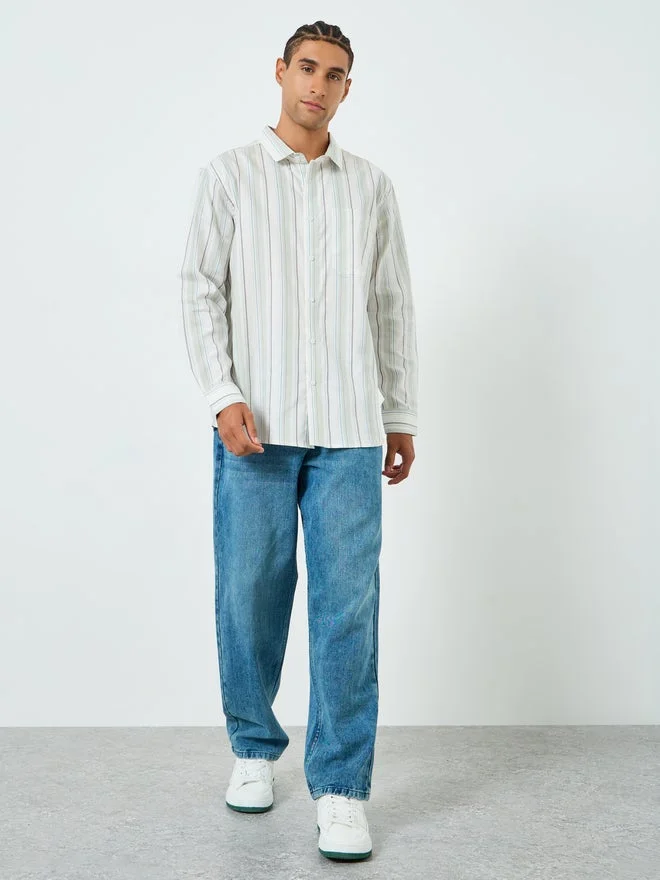 Styli Styli Men White Relaxed Fit Striped Cotton Shirt