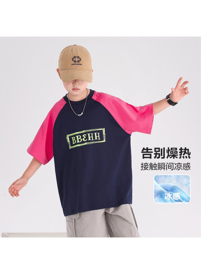 Boys' Summer Dopamine Color-blocking Pure Cotton Short-sleeve T-shirt  New Model Youth Children's Summer Half-sleeve Top