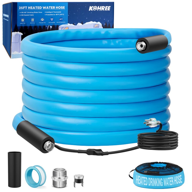 Kohree 25FT Heated Water Hose for RV 40 Heated Drinking Water Hose 58 Heavy Duty Heated Hose for RV Camper Truck Leak Free AbrasionResistant Cover Energy Saving Thermostat