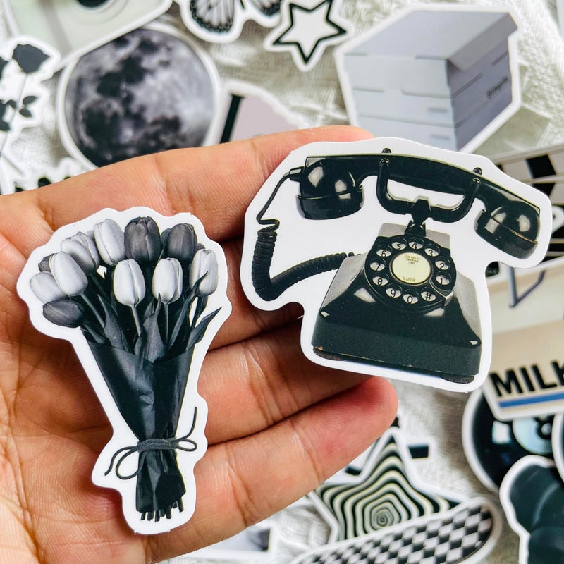 Pigbit 50Pcs Vintage Black White Stickers,Vinyl Cute Aesthetic Retro Y2K Stickers for Water Bottles Laptops Scrapbooking - Image 3