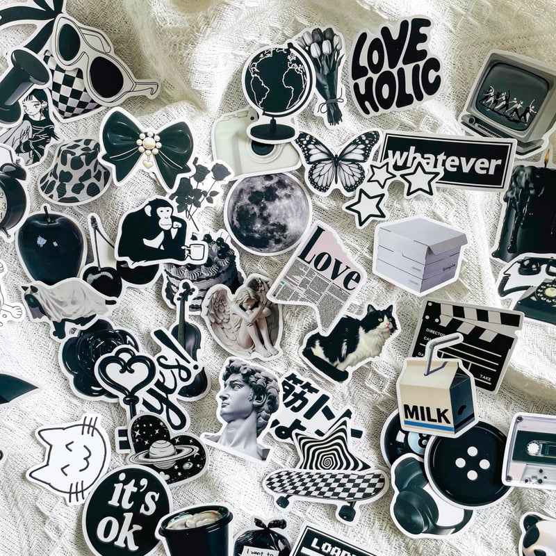 Pigbit 50Pcs Vintage Black White Stickers,Vinyl Cute Aesthetic Retro Y2K Stickers for Water Bottles Laptops Scrapbooking - Image 2
