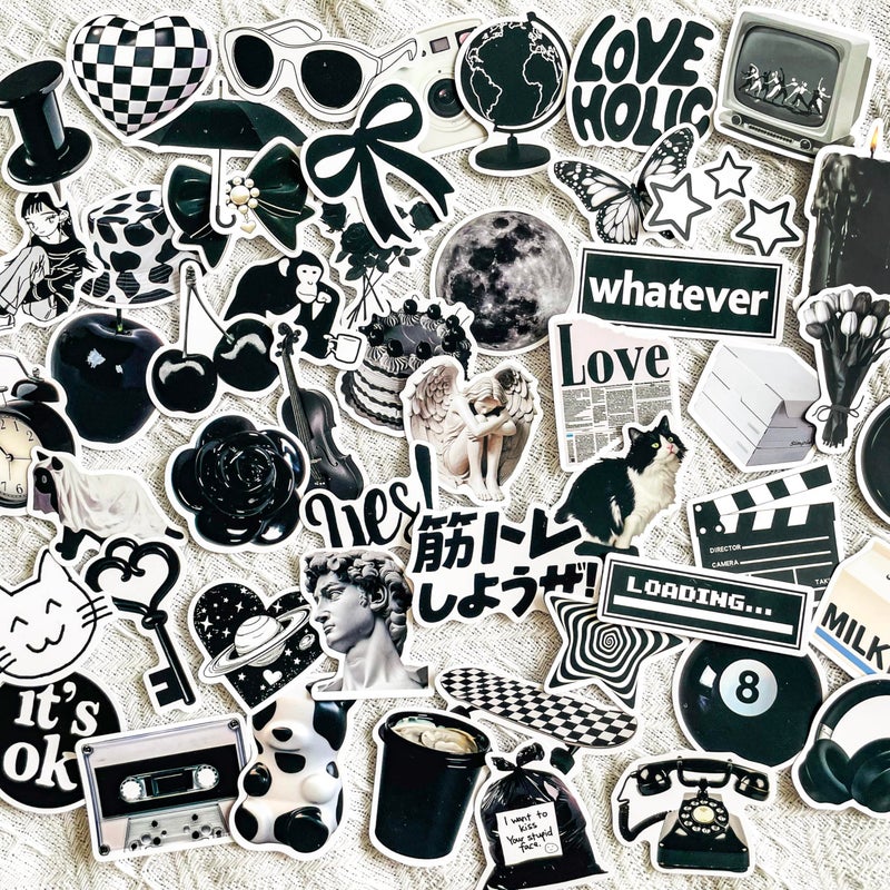Pigbit 50Pcs Vintage Black White Stickers,Vinyl Cute Aesthetic Retro Y2K Stickers for Water Bottles Laptops Scrapbooking - Image 1