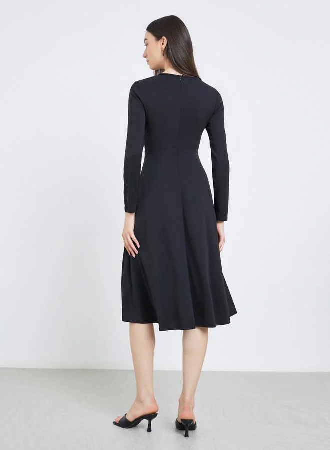 تايك تو Take Two Solid Bow Detail Long Sleeve Midi Dress