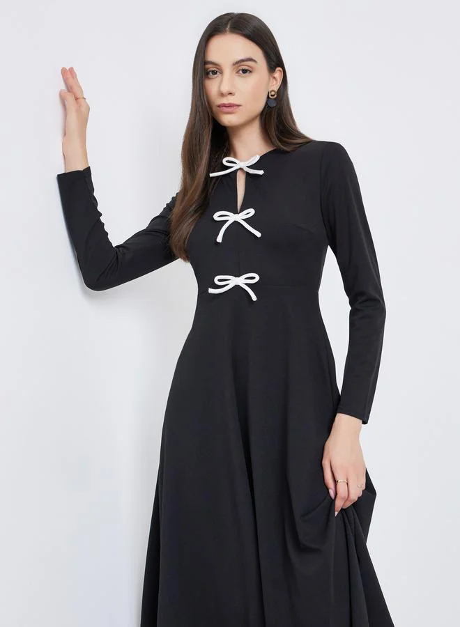 تايك تو Take Two Solid Bow Detail Long Sleeve Midi Dress