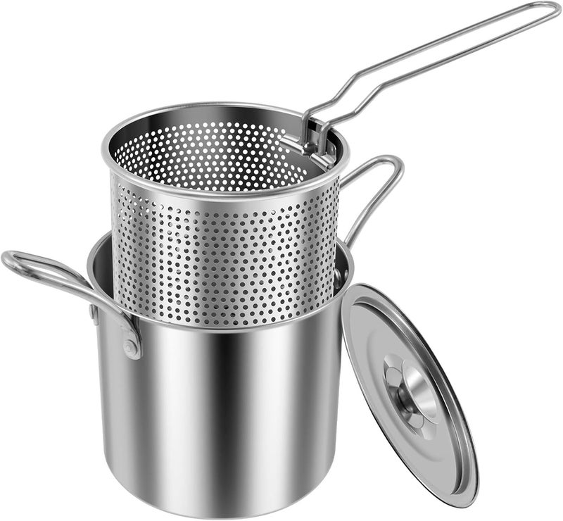 windforgecraft Deep Fryer Pot with Strainer Small Stainless Steel Deep Frying Pot Heat Resistant Deep Frying Pot Food Cooking Pot Mini Oil Fryer Pot for Kitchen French Fries Chicken - Image 1