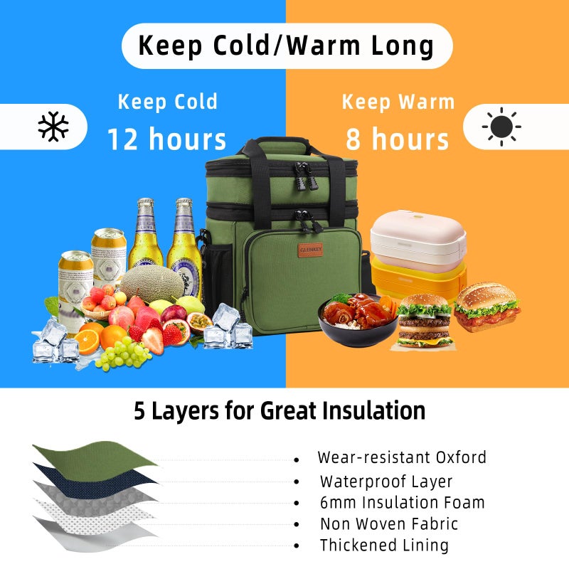 GLENKEY Expandable Large Insulated Lunch Box  Heavy Duty Lunch Cooler Bag Durable Leakproof Lunch Pail For Men Women Adults Work Shift Outdoor Picnic Camping Road Trip  16L  Army Green  Glenkey - Image 5