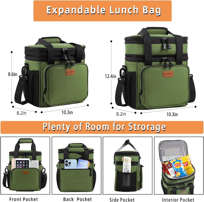 GLENKEY Expandable Large Insulated Lunch Box  Heavy Duty Lunch Cooler Bag Durable Leakproof Lunch Pail For Men Women Adults Work Shift Outdoor Picnic Camping Road Trip  16L  Army Green  Glenkey - Image 3