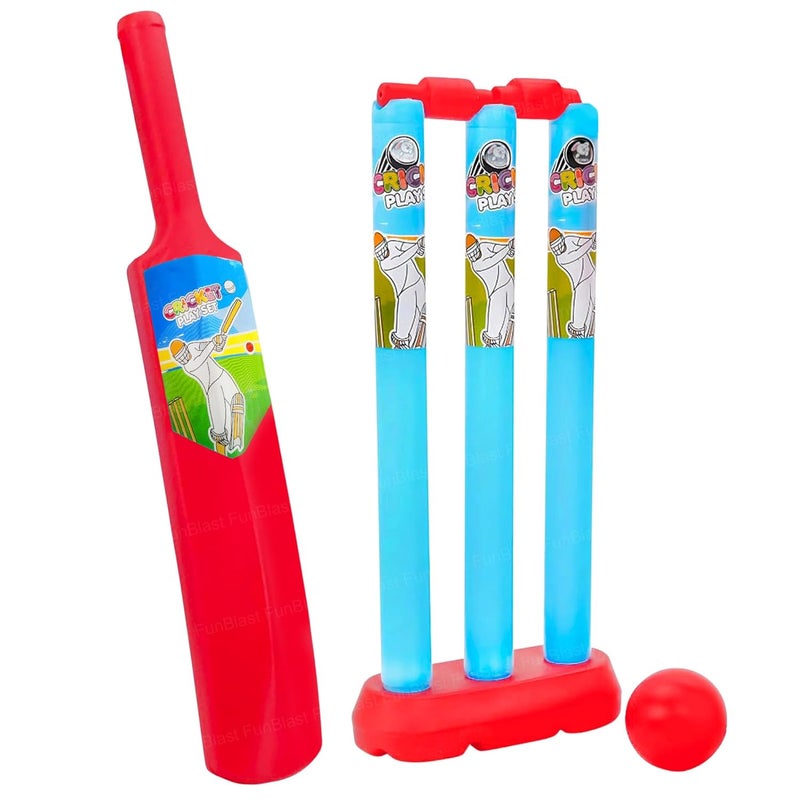 FunBlast طقم كريكيت مع مضرب، أعمدة وكرة، ألعاب رياضية للأطفال من 3 سنوات فما فوق - طقم مضرب وكرة - أفضل هدايا عيد الميلاد للأطفال - متعدد الألوان (صغير) - Image 1