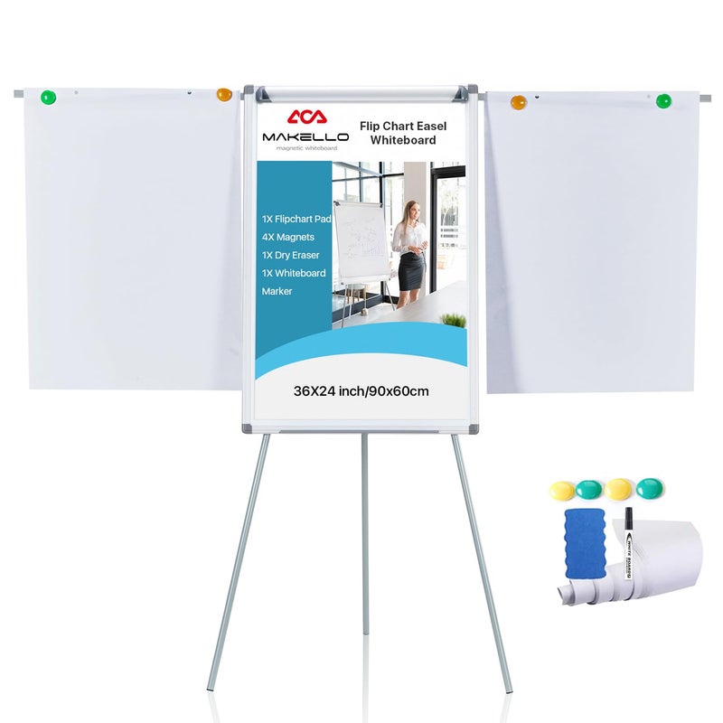 MAKELLO Flip Chart Easel Magnetic Dry Erase Board with Stand for Office Classroom Home School Extended Display Arms and Adjustable Height 36x24 in